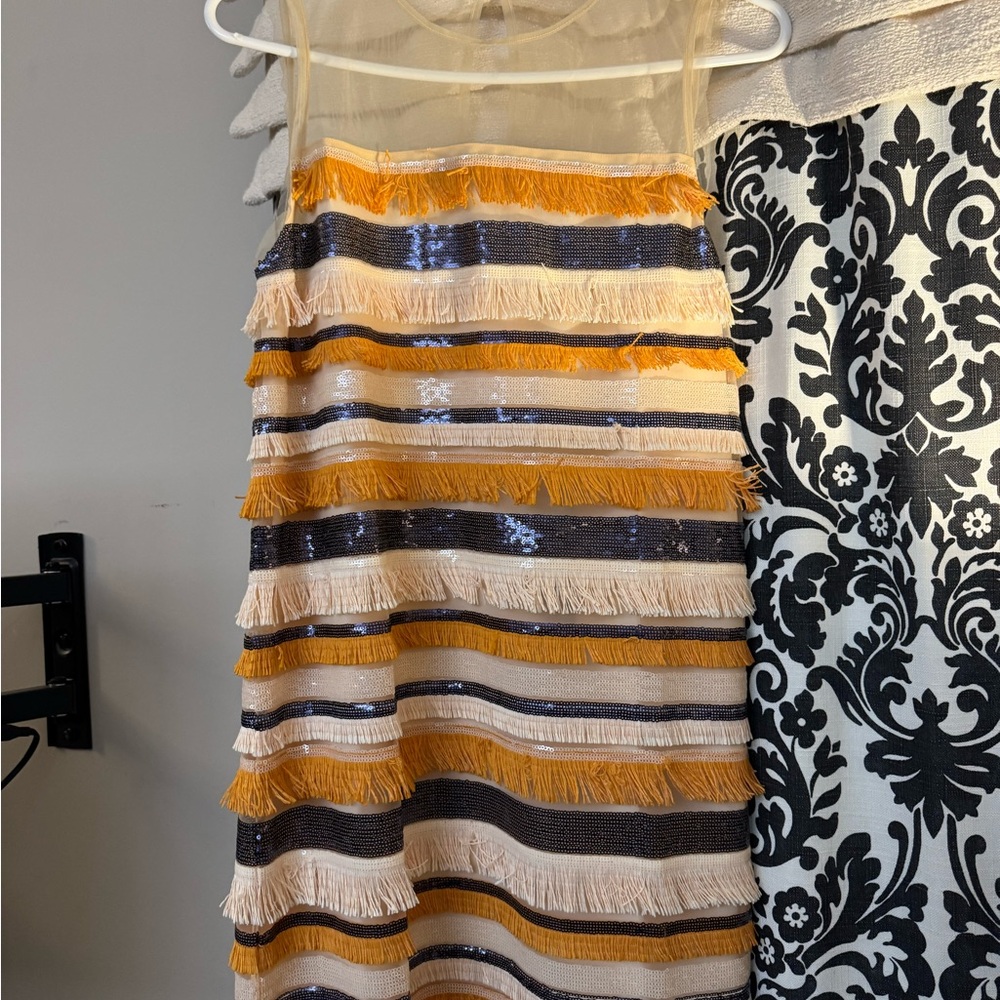Striped Fringe Sequin Dress - Orange, Blue, Cream